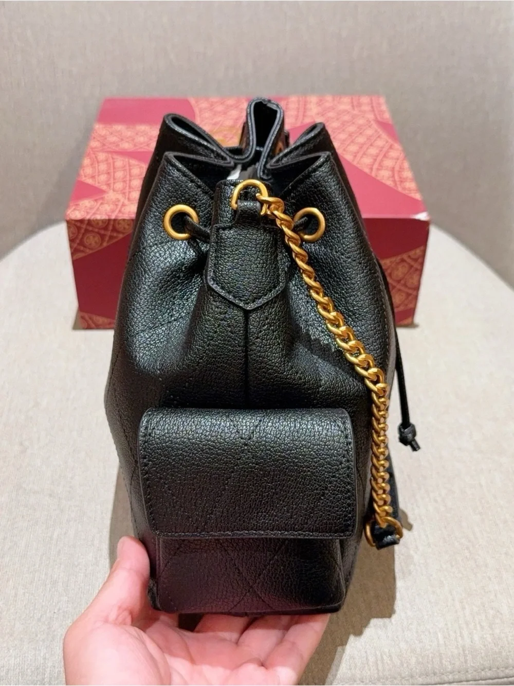 Tory Burch Black Pebbled Leather Drawstring Bucket Bag with Gold Chain